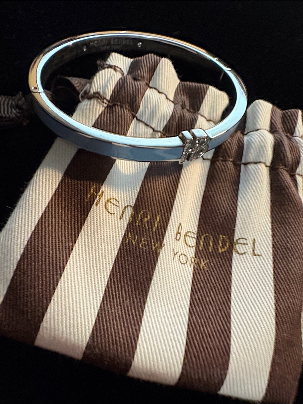 Henri Bendel beautiful Blue Enamel Hinged Bangle with Crystal pave HB accent. - Picture 2 of 3